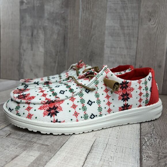 Hey Dude Wendy Youth 4 Ugly Sweater Christmas Slip On Loafer Shoe Comfort White - Picture 1 of 12